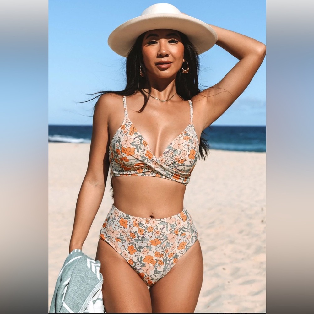 Cupshe Floral Print Twist Bralette & Spliced High Waist Bikini Set